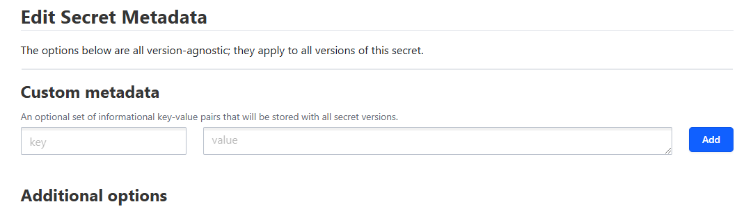 Partial screenshot of the Vault GUI showing the "Edit Secret Metadata" screen